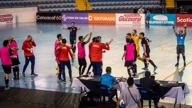 Otto Orf and members of the U.S. Men's Futsal National Team celebrate a victory over the Dominican Republic that qualified the U.S. for the 2021 FIFA Futsal World Cup in Lithuania. (Submitted by Otto Orf).